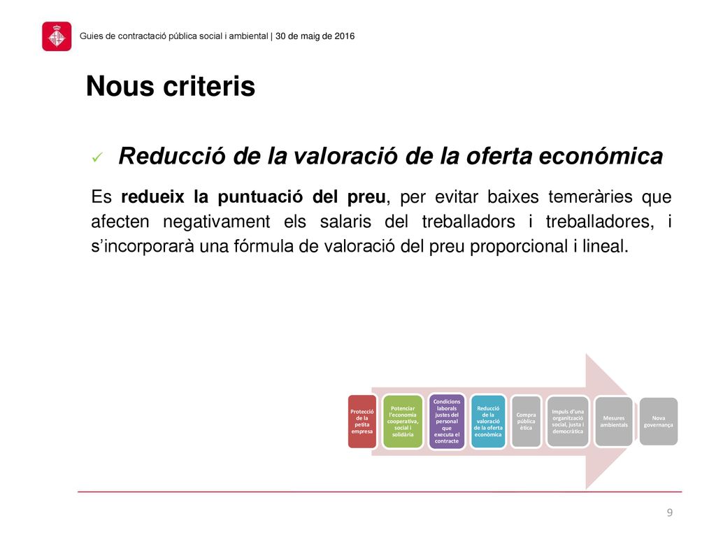 Nous criteris Reducció de la valoració de la oferta económica