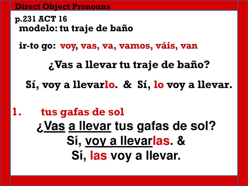 ¿Vas a llevar tus gafas de sol Sí, voy a llevarlas. &