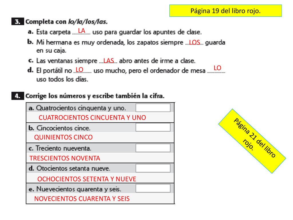 Página 19 del libro rojo. LA. LOS. LAS. LO. LO. CUATROCIENTOS CINCUENTA Y UNO. QUINIENTOS CINCO.