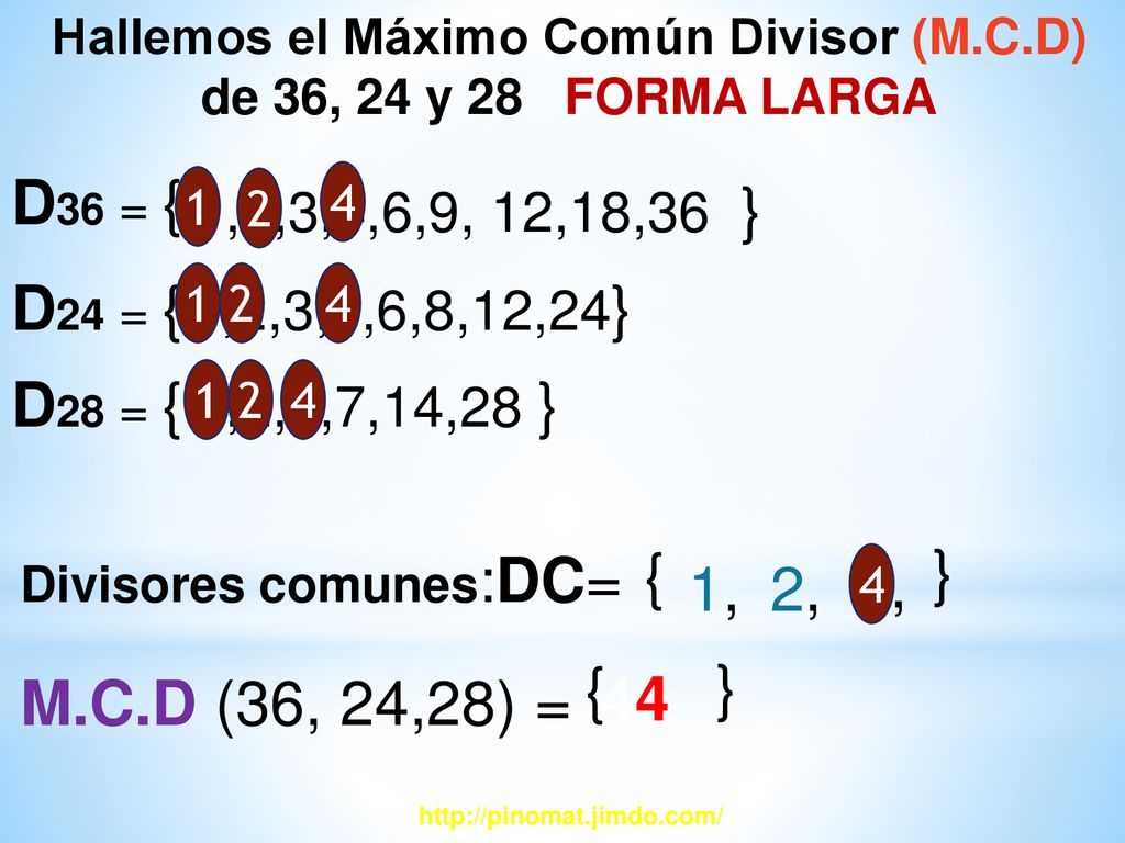Hallemos el Máximo Común Divisor (M.C.D) de 36, 24 y 28 FORMA LARGA