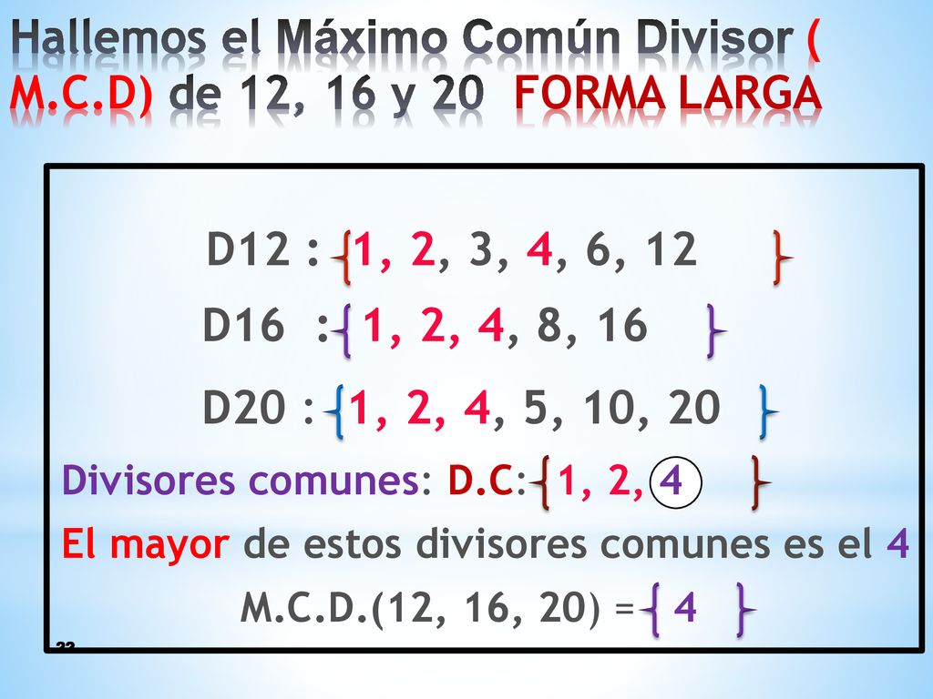 Hallemos el Máximo Común Divisor ( M.C.D) de 12, 16 y 20 FORMA LARGA
