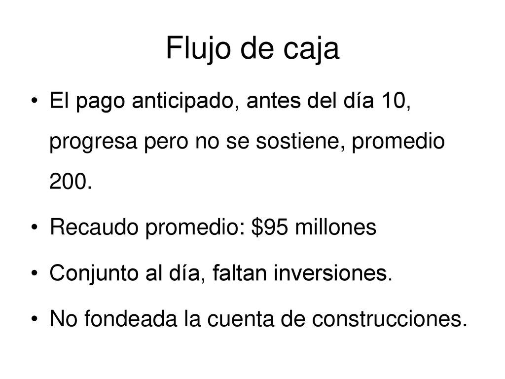 Flujo de caja El pago anticipado, antes del día 10, progresa pero no se sostiene, promedio 200. Recaudo promedio: $95 millones.