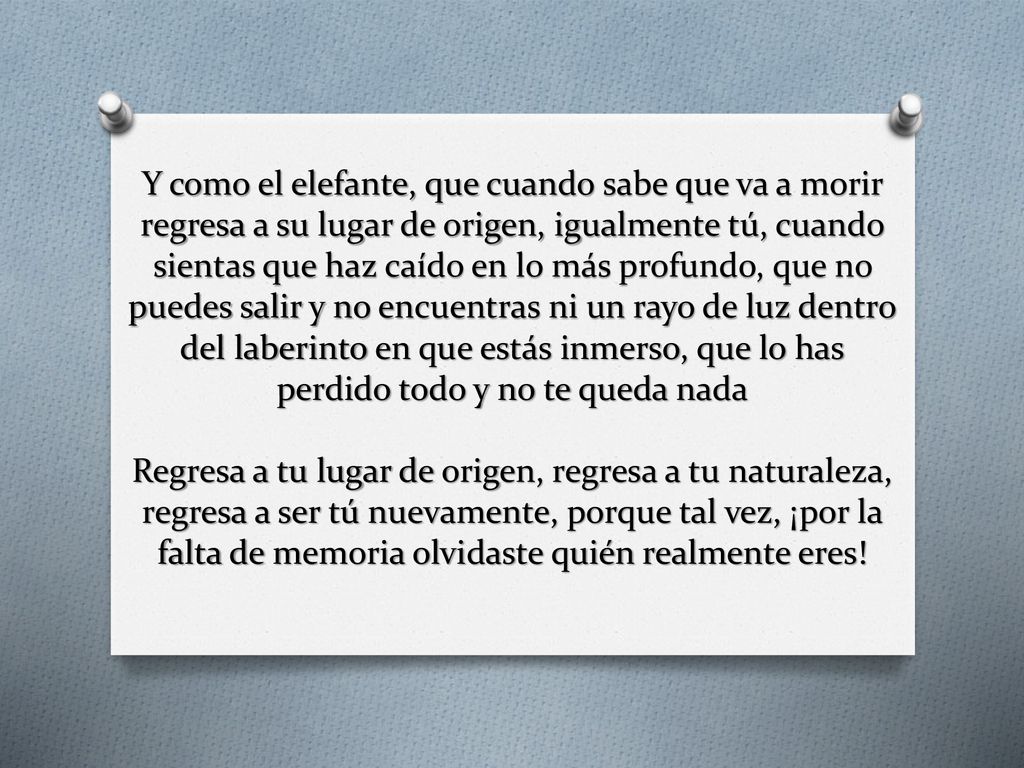 Y como el elefante, que cuando sabe que va a morir regresa a su lugar de origen, igualmente tú, cuando sientas que haz caído en lo más profundo, que no puedes salir y no encuentras ni un rayo de luz dentro del laberinto en que estás inmerso, que lo has perdido todo y no te queda nada Regresa a tu lugar de origen, regresa a tu naturaleza, regresa a ser tú nuevamente, porque tal vez, ¡por la falta de memoria olvidaste quién realmente eres!
