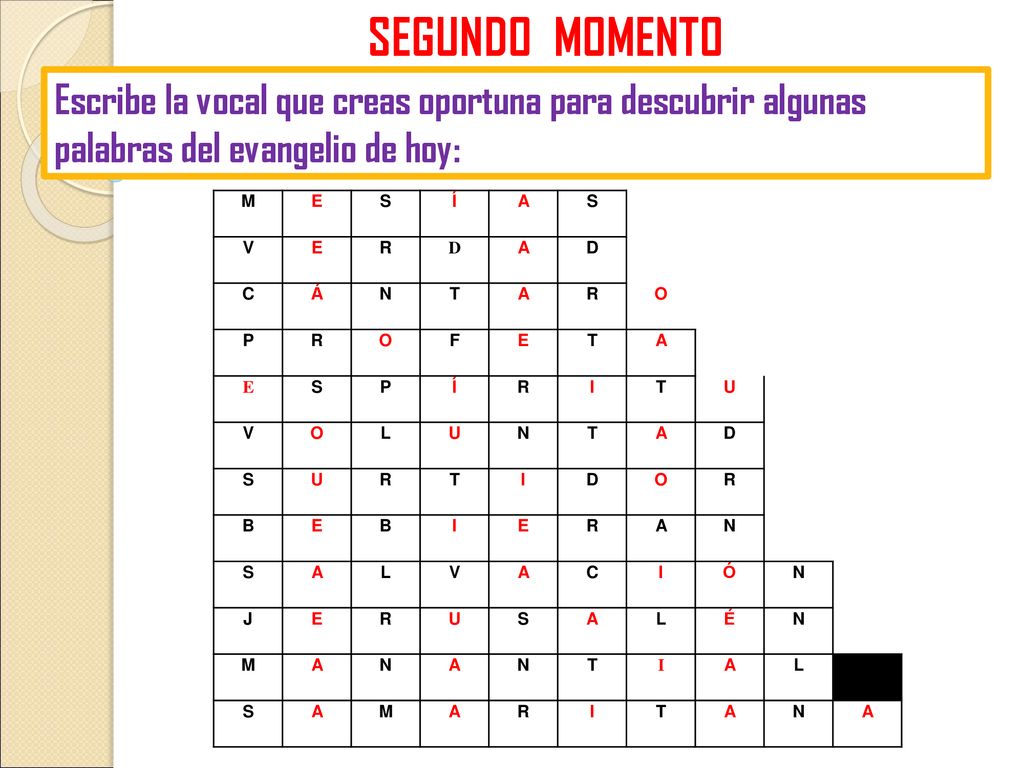 SEGUNDO MOMENTO Escribe la vocal que creas oportuna para descubrir algunas palabras del evangelio de hoy: