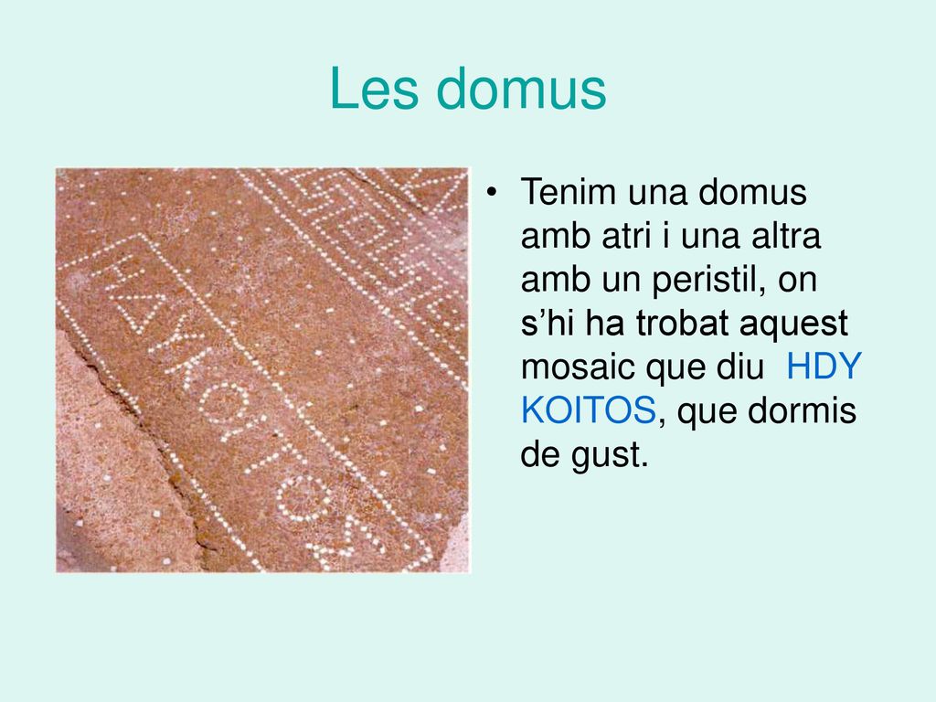 Les domus Tenim una domus amb atri i una altra amb un peristil, on s’hi ha trobat aquest mosaic que diu HDY KOITOS, que dormis de gust.