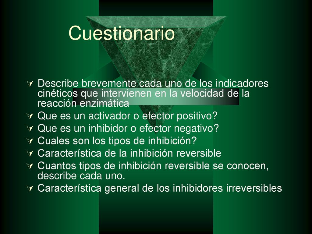 Cuestionario Describe brevemente cada uno de los indicadores cinéticos que intervienen en la velocidad de la reacción enzimática.