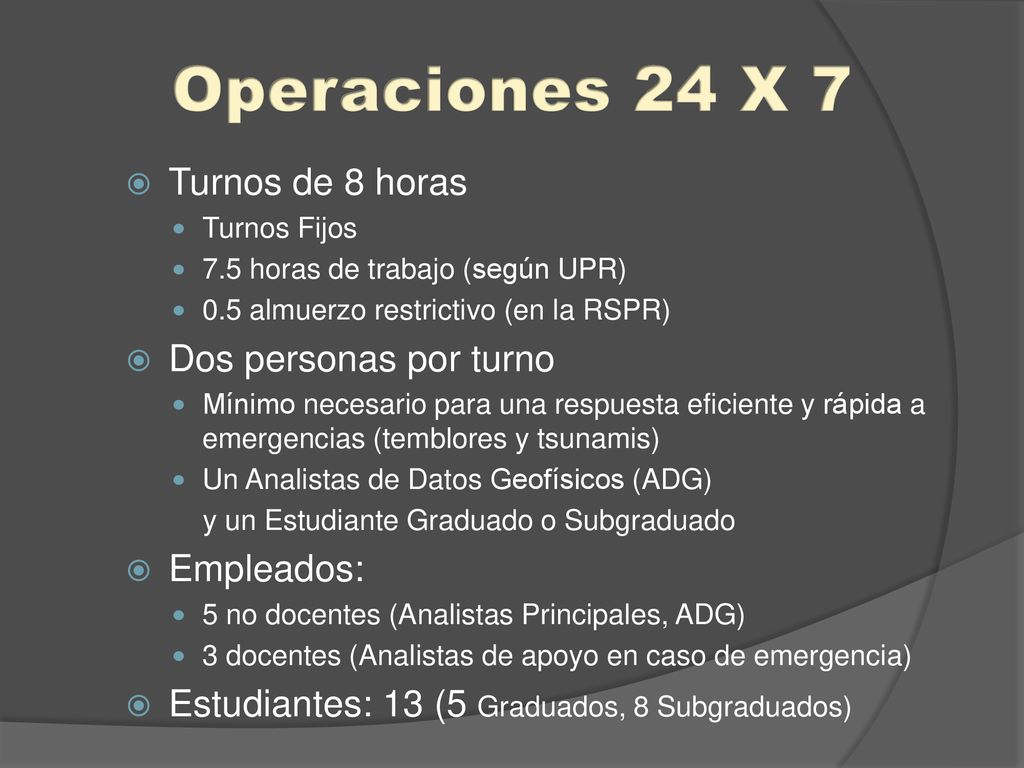 Operaciones 24 X 7 Turnos de 8 horas Dos personas por turno Empleados: