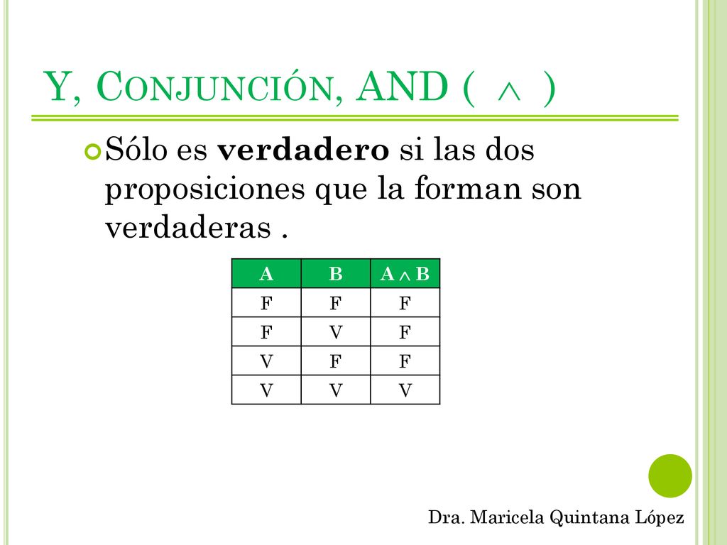 Y, Conjunción, AND (  ) Sólo es verdadero si las dos proposiciones que la forman son verdaderas .
