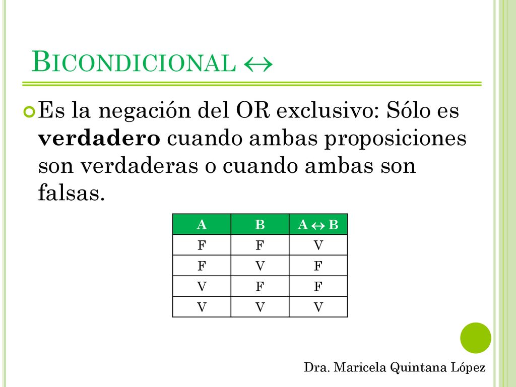 Bicondicional  Es la negación del OR exclusivo: Sólo es verdadero cuando ambas proposiciones son verdaderas o cuando ambas son falsas.