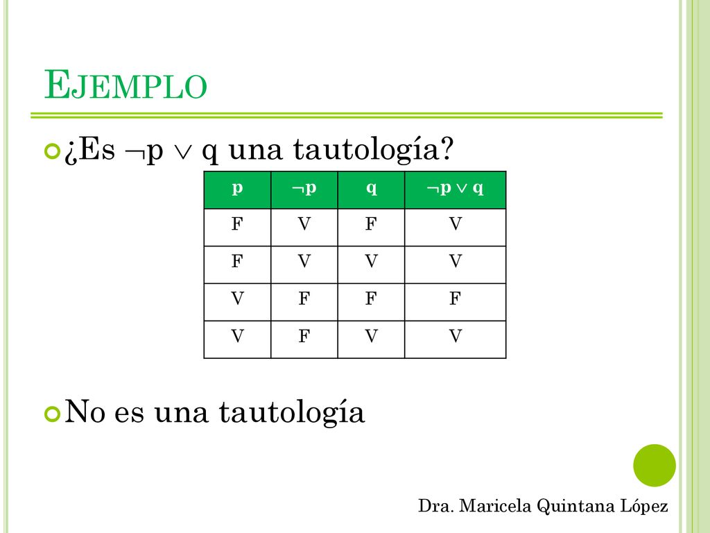 Ejemplo ¿Es p  q una tautología No es una tautología p p q p  q