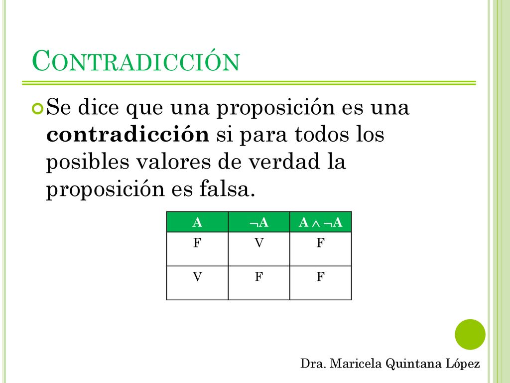 Contradicción Se dice que una proposición es una contradicción si para todos los posibles valores de verdad la proposición es falsa.