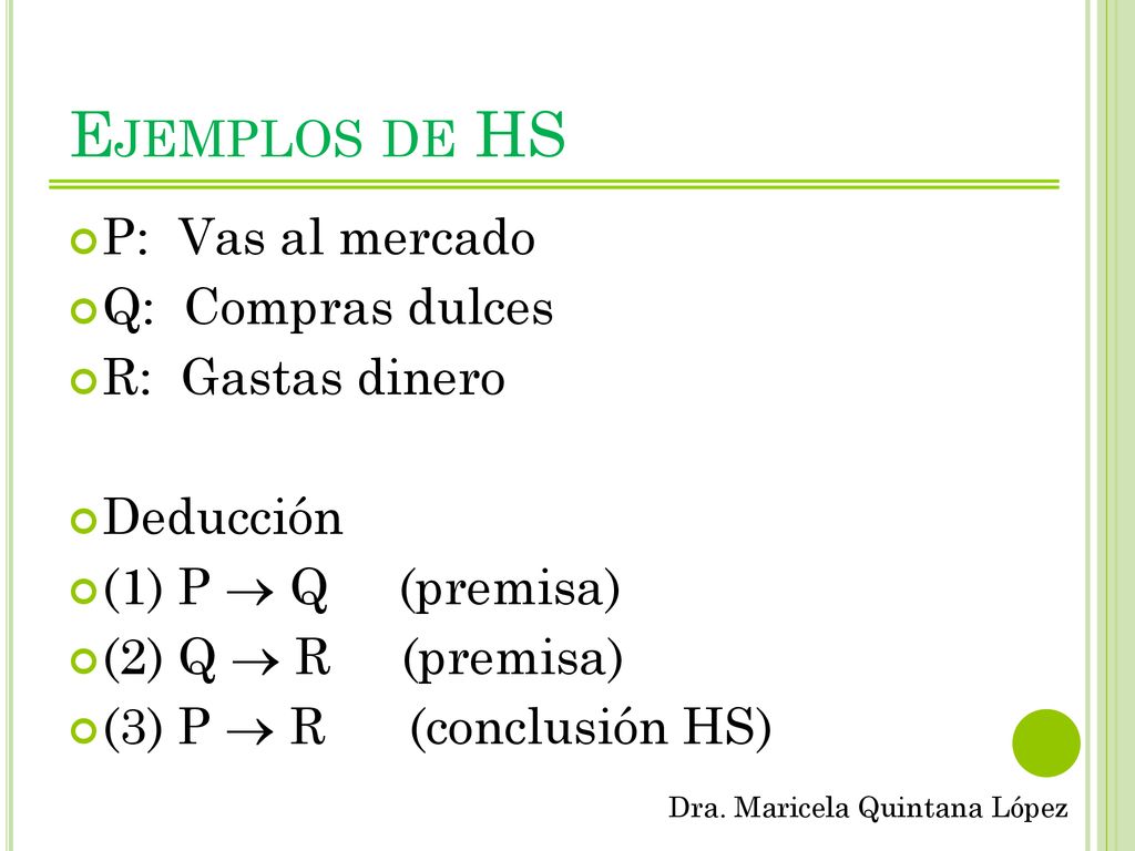 Ejemplos de HS P: Vas al mercado Q: Compras dulces R: Gastas dinero