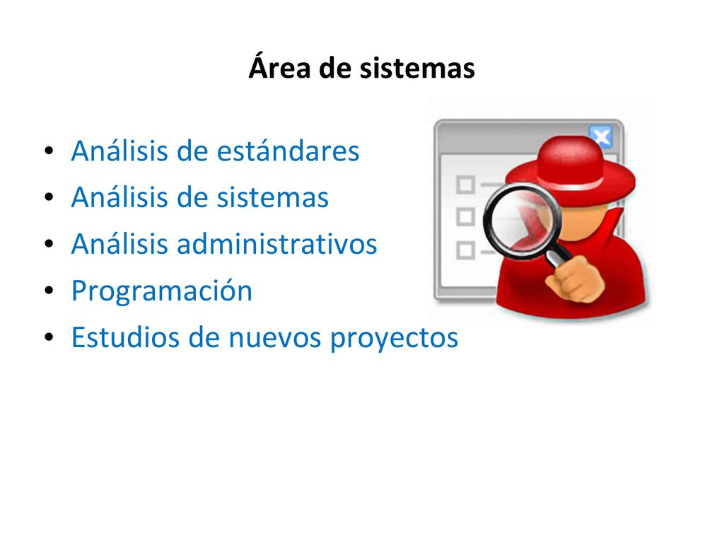 Área de sistemas Análisis de estándares. Análisis de sistemas. Análisis administrativos. Programación.