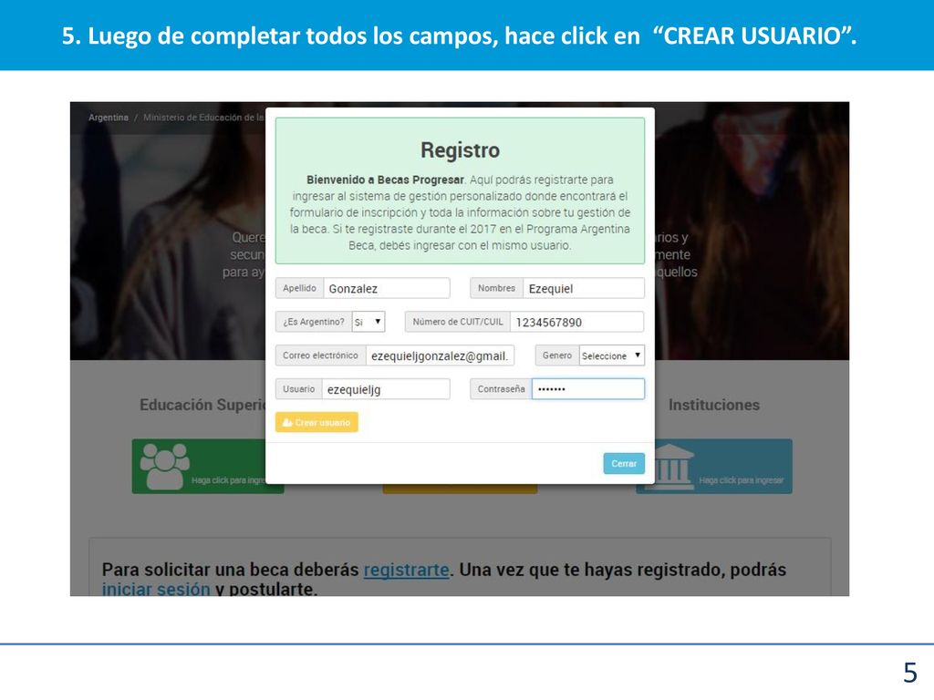 5. Luego de completar todos los campos, hace click en CREAR USUARIO .