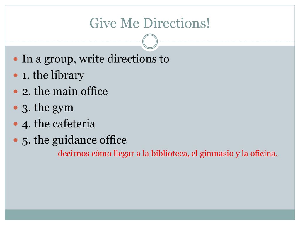Give Me Directions! In a group, write directions to 1. the library