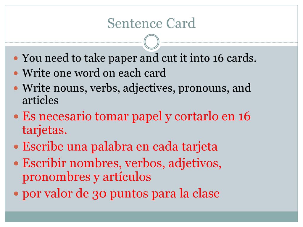 Sentence Card Es necesario tomar papel y cortarlo en 16 tarjetas.