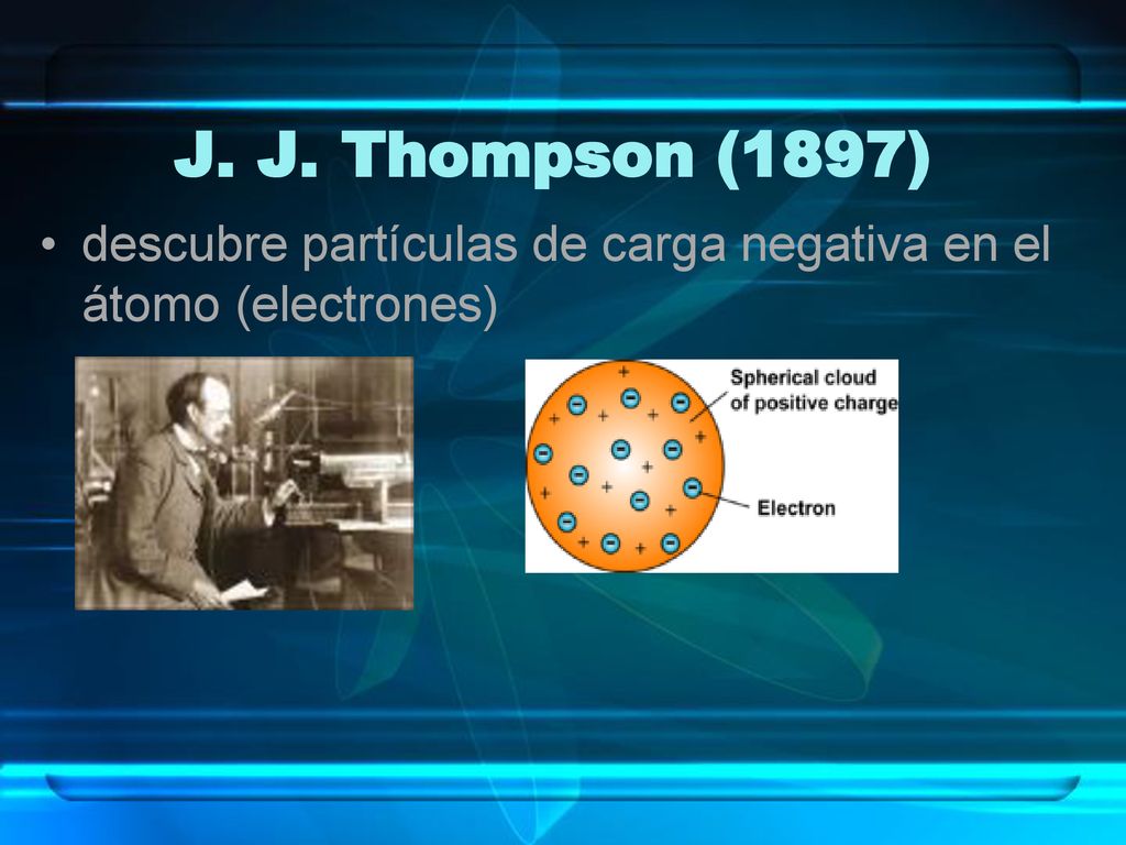 J. J. Thompson (1897) descubre partículas de carga negativa en el átomo (electrones)