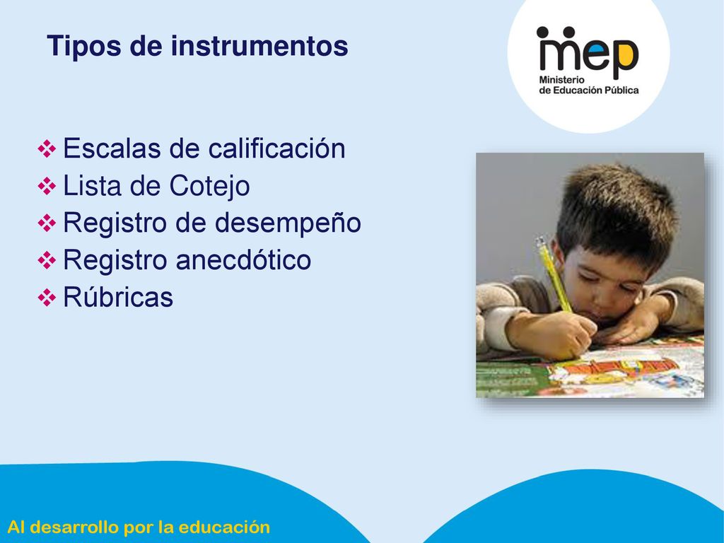 Tipos de instrumentos Escalas de calificación. Lista de Cotejo. Registro de desempeño. Registro anecdótico.
