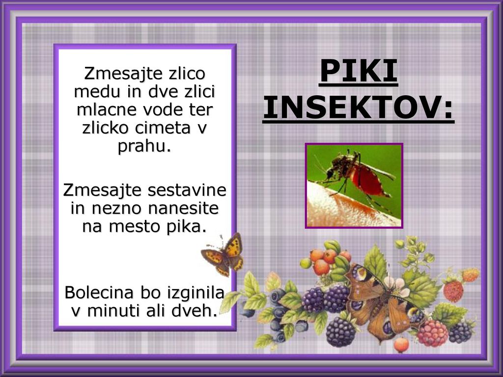 PIKI INSEKTOV: Zmesajte zlico medu in dve zlici mlacne vode ter zlicko cimeta v prahu. Zmesajte sestavine in nezno nanesite na mesto pika.