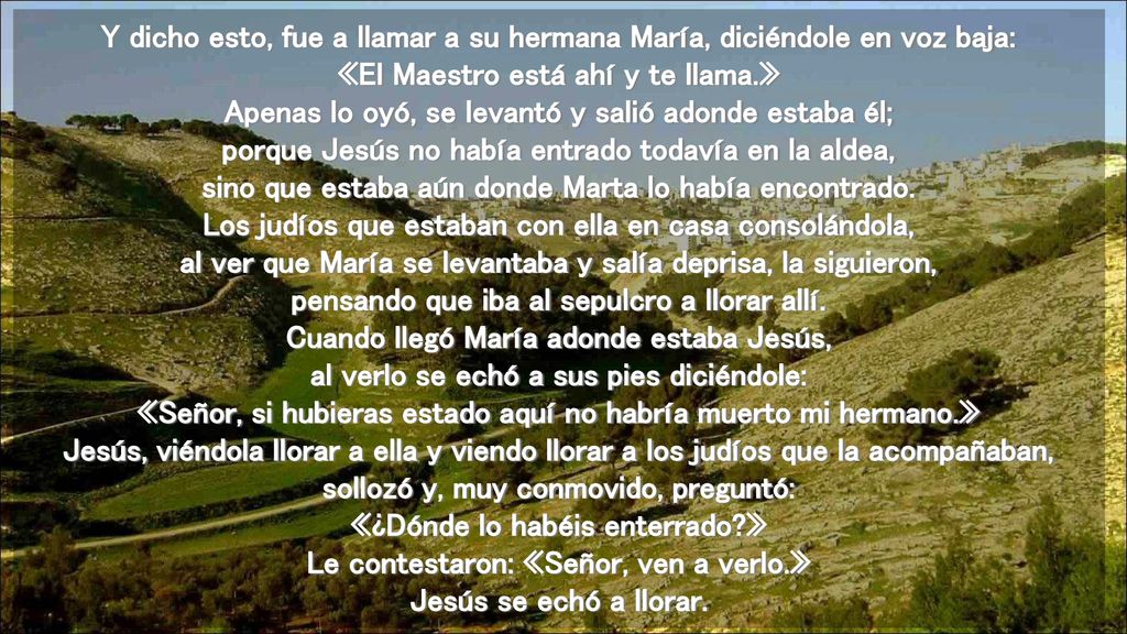 Y dicho esto, fue a llamar a su hermana María, diciéndole en voz baja: «El Maestro está ahí y te llama.» Apenas lo oyó, se levantó y salió adonde estaba él; porque Jesús no había entrado todavía en la aldea, sino que estaba aún donde Marta lo había encontrado.