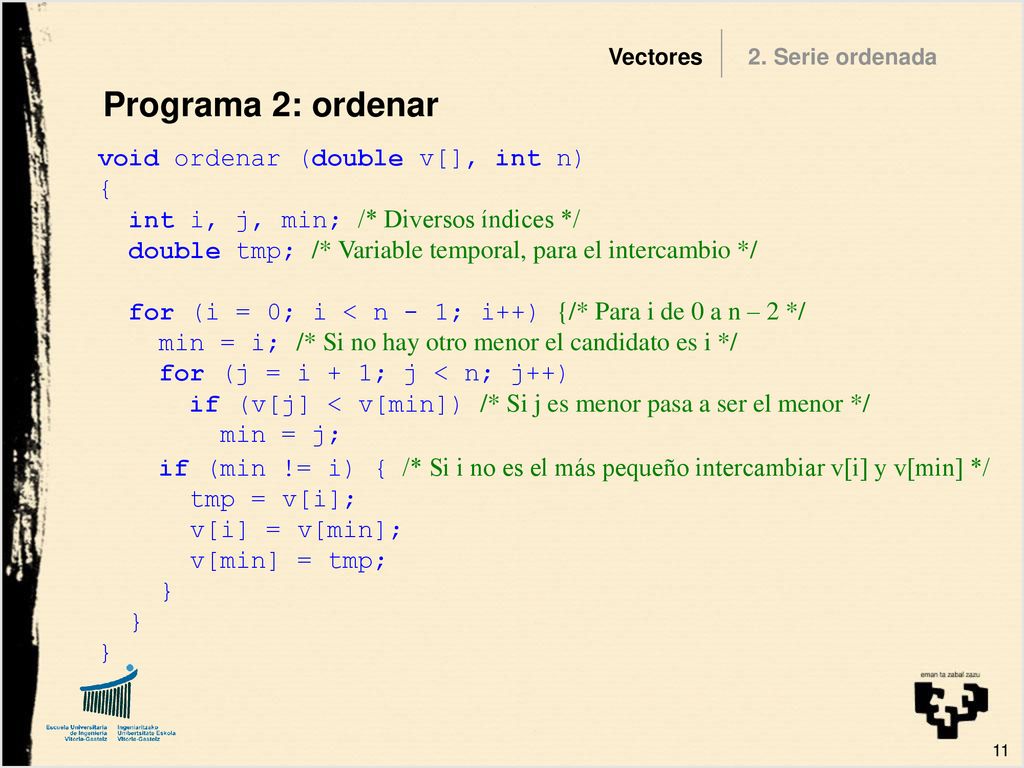 Programa 2: ordenar void ordenar (double v[], int n) {