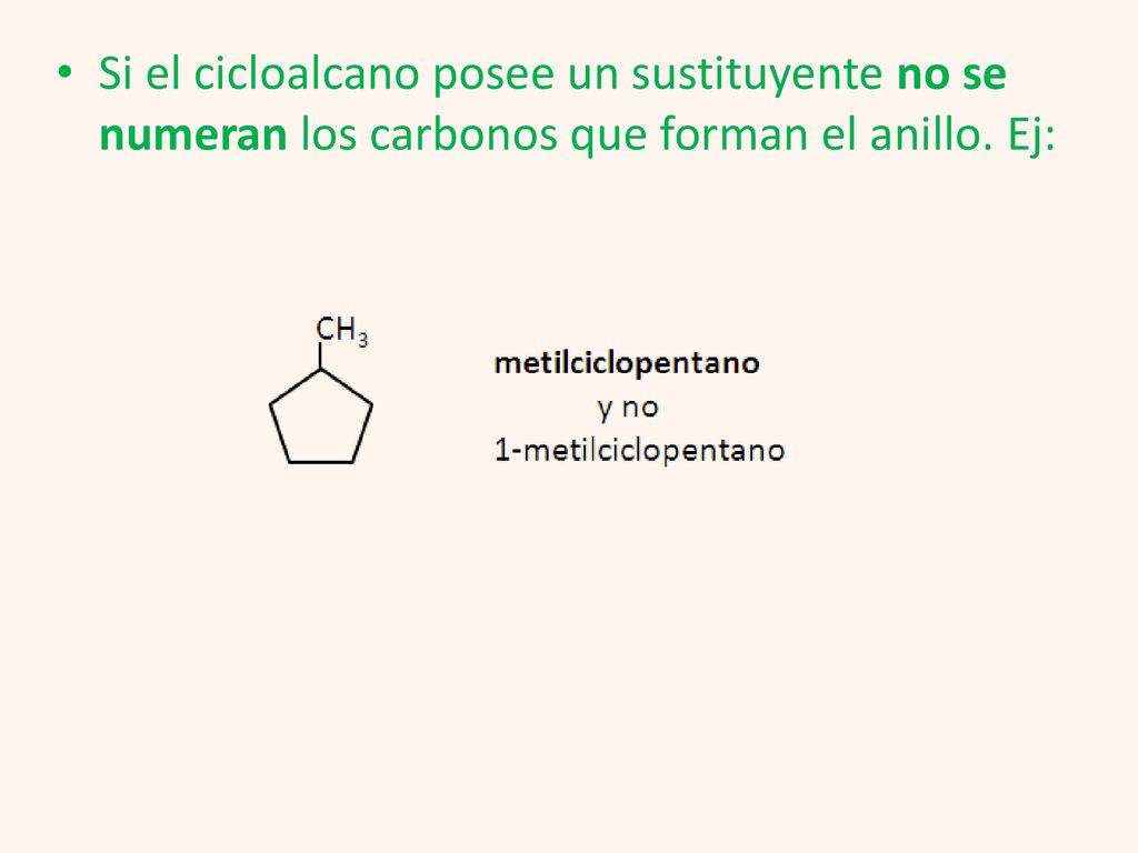 Si el cicloalcano posee un sustituyente no se numeran los carbonos que forman el anillo. Ej: