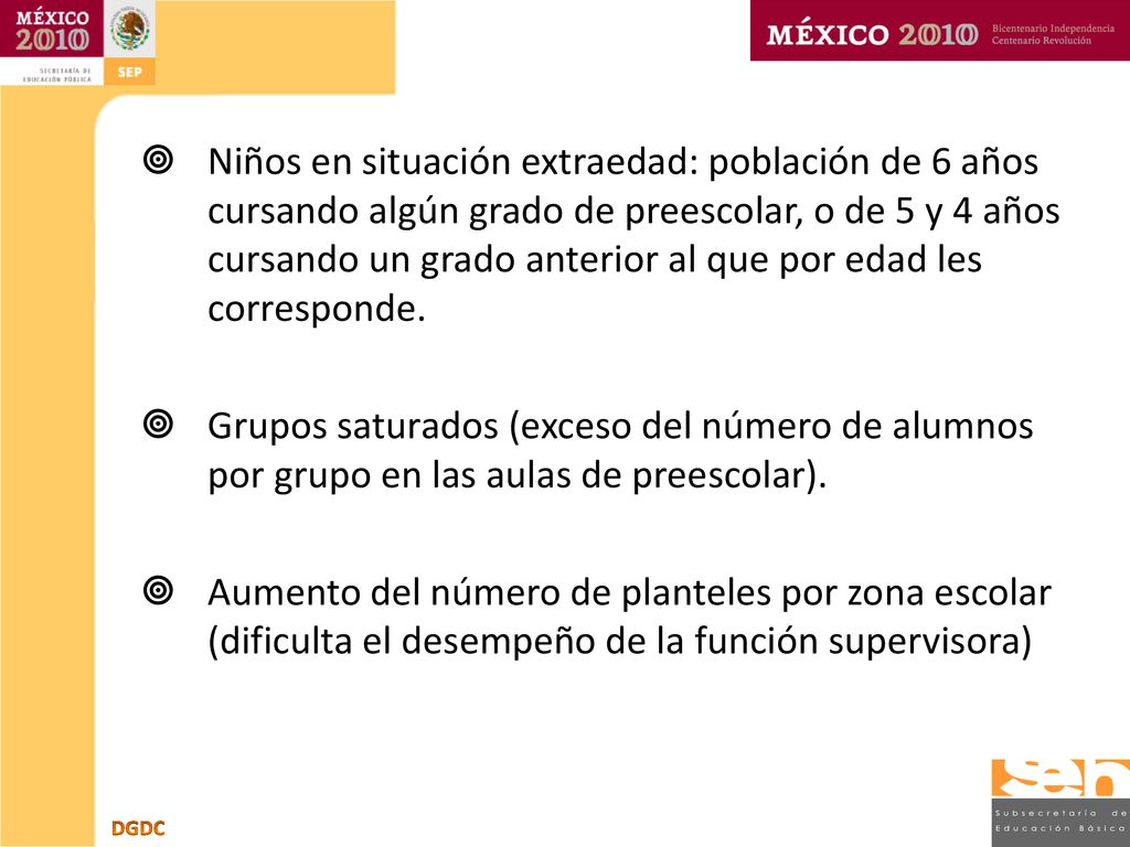 Niños en situación extraedad: población de 6 años cursando algún grado de preescolar, o de 5 y 4 años cursando un grado anterior al que por edad les corresponde.