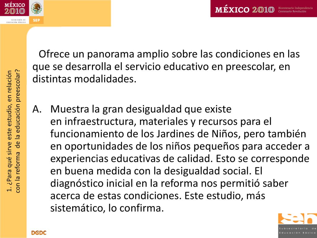 Ofrece un panorama amplio sobre las condiciones en las que se desarrolla el servicio educativo en preescolar, en distintas modalidades.