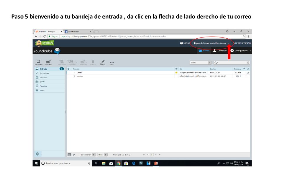 Paso 5 bienvenido a tu bandeja de entrada , da clic en la flecha de lado derecho de tu correo