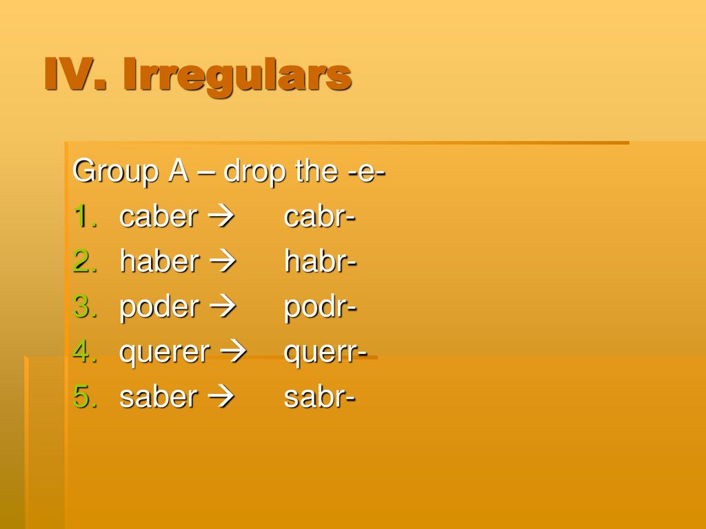 IV. Irregulars Group A – drop the -e- caber  cabr- haber  habr-