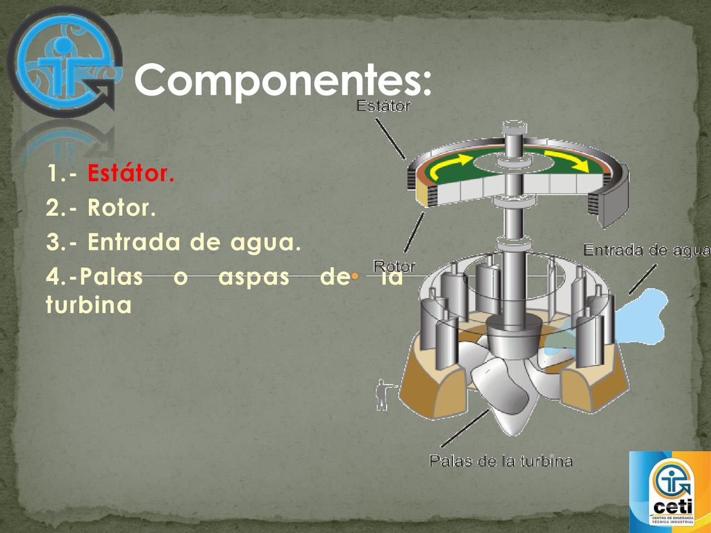 Componentes: 1.- Estátor. 2.- Rotor. 3.- Entrada de agua.