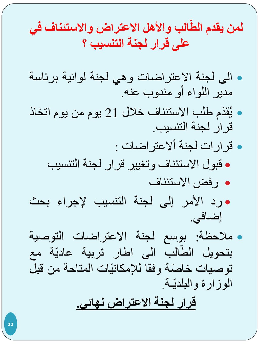 لمن يقدم الطّالب والأهل الاعتراض والاستئناف في على قرار لجنة التنسيب ؟