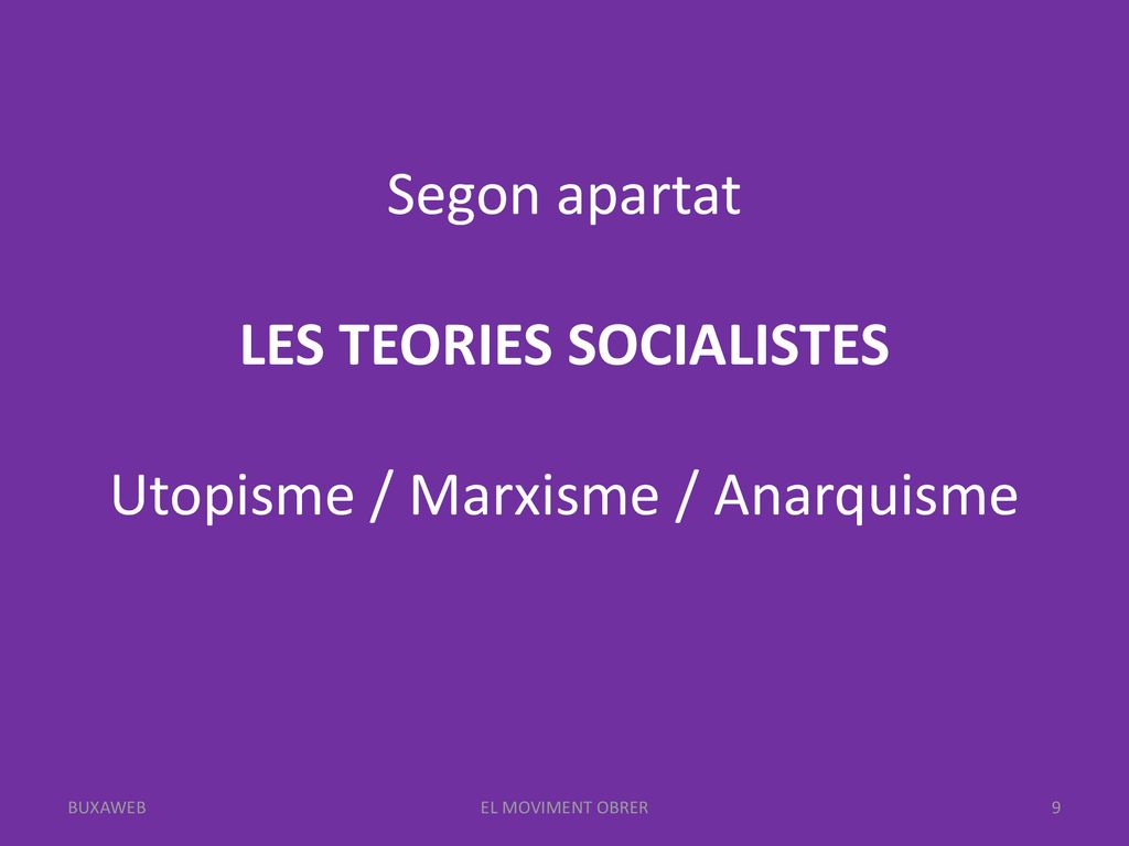 Segon apartat LES TEORIES SOCIALISTES Utopisme / Marxisme / Anarquisme