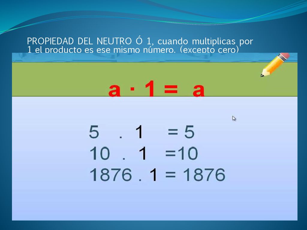 PROPIEDAD DEL NEUTRO Ó 1, cuando multiplicas por 1 el producto es ese mismo número. (excepto cero)
