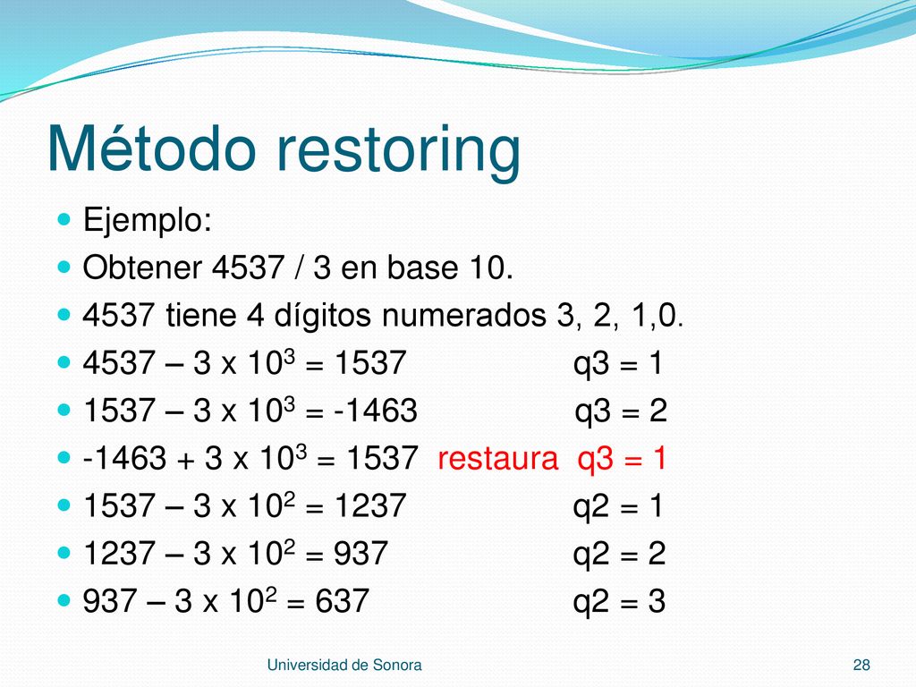 Método restoring Ejemplo: Obtener 4537 / 3 en base 10.