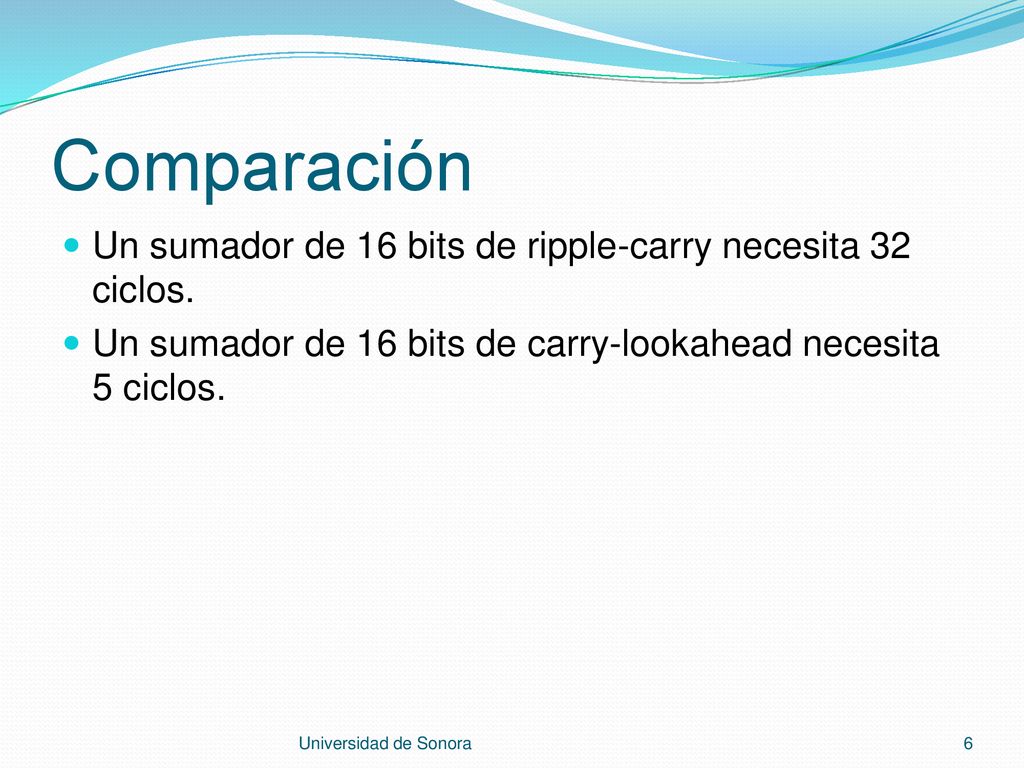 Comparación Un sumador de 16 bits de ripple-carry necesita 32 ciclos.