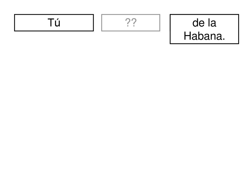 Tú divertidos. de la Habana. soy. nosotros/nosotras. yo. somos. tú. eres. él. ella. ellos.