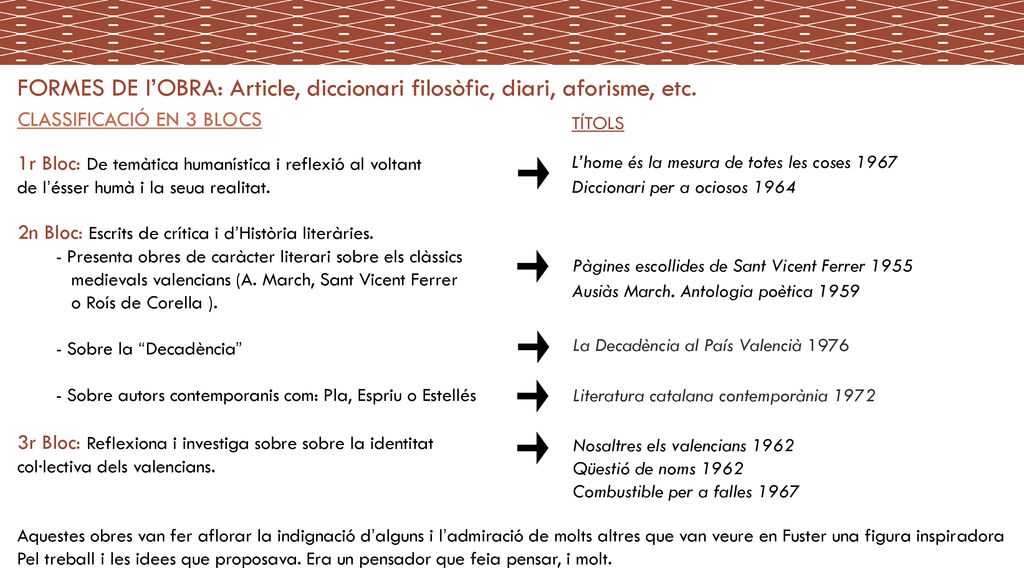 FORMES DE l’OBRA: Article, diccionari filosòfic, diari, aforisme, etc.