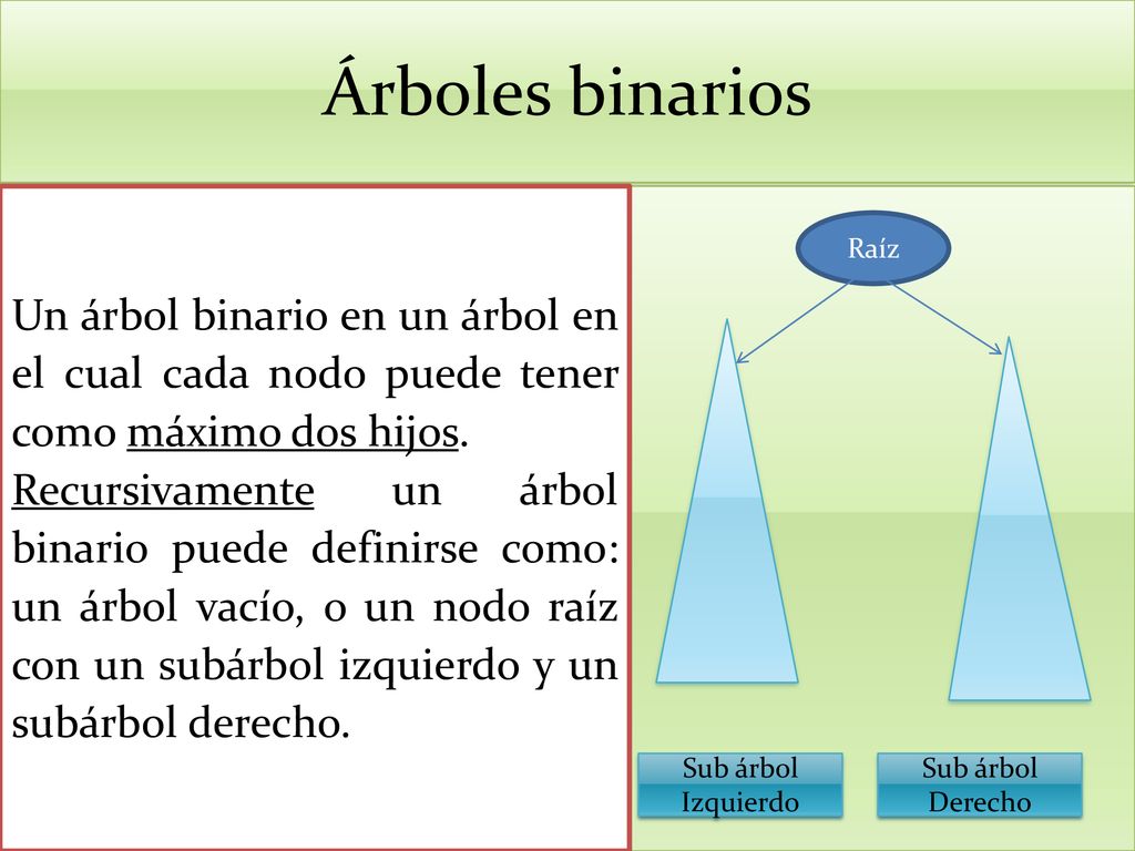Árboles binarios Un árbol binario en un árbol en el cual cada nodo puede tener como máximo dos hijos.