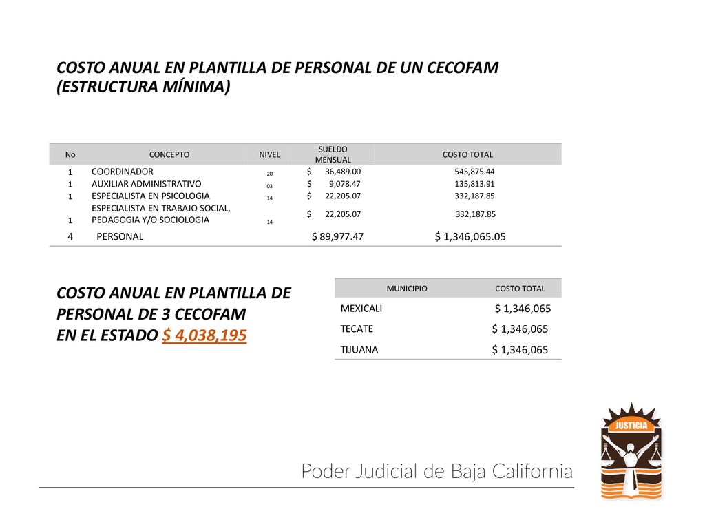 COSTO ANUAL EN PLANTILLA DE PERSONAL DE UN CECOFAM (ESTRUCTURA MÍNIMA)