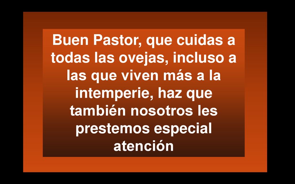 Buen Pastor, que cuidas a todas las ovejas, incluso a las que viven más a la intemperie, haz que también nosotros les prestemos especial atención
