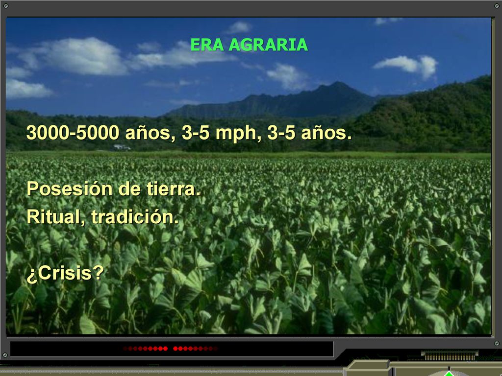 ERA AGRARIA años, 3-5 mph, 3-5 años. Posesión de tierra. Ritual, tradición. ¿Crisis