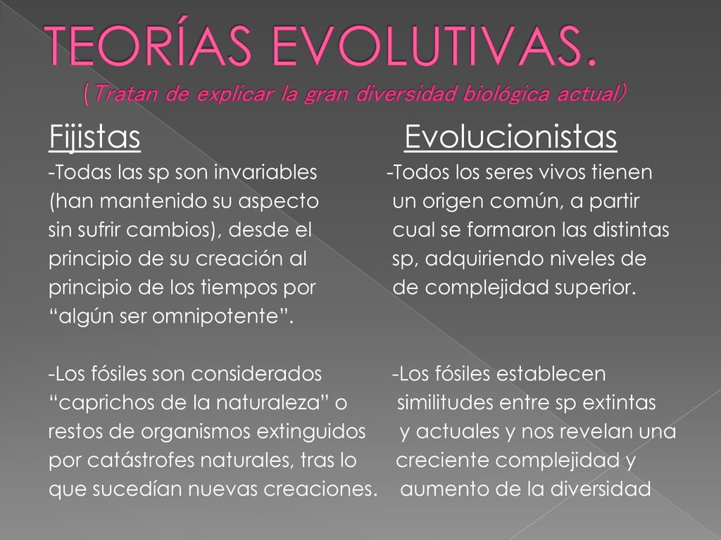 TEORÍAS EVOLUTIVAS. (Tratan de explicar la gran diversidad biológica actual)