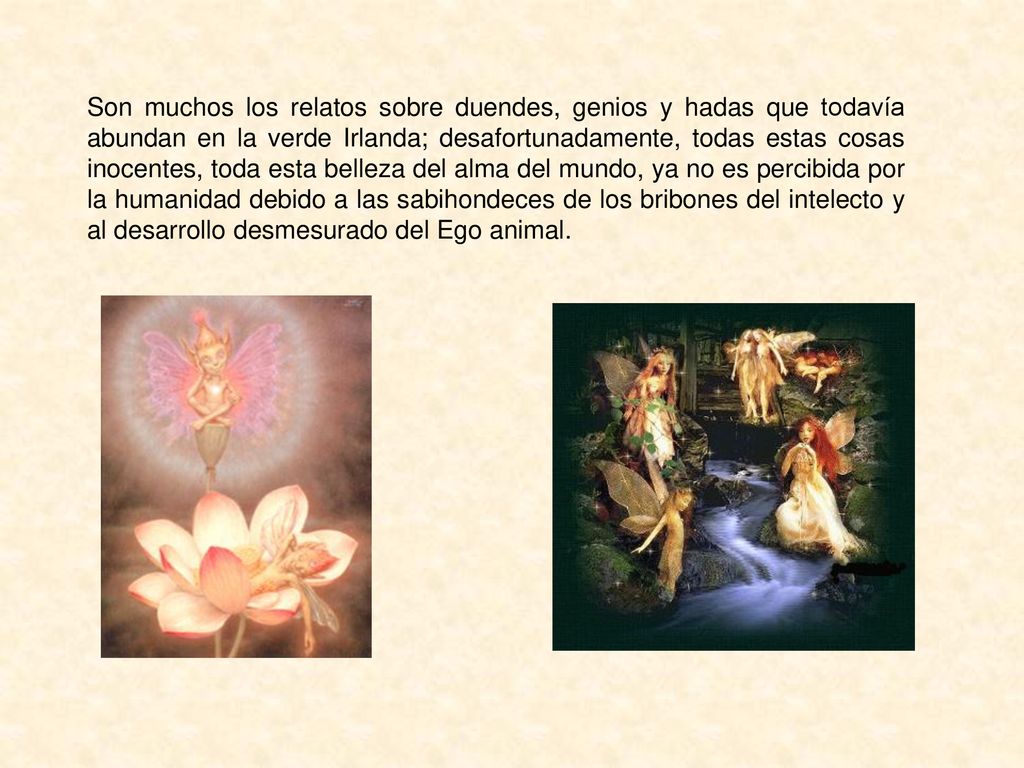 Son muchos los relatos sobre duendes, genios y hadas que todavía abundan en la verde Irlanda; desafortunadamente, todas estas cosas inocentes, toda esta belleza del alma del mundo, ya no es percibida por la humanidad debido a las sabihondeces de los bribones del intelecto y al desarrollo desmesurado del Ego animal.