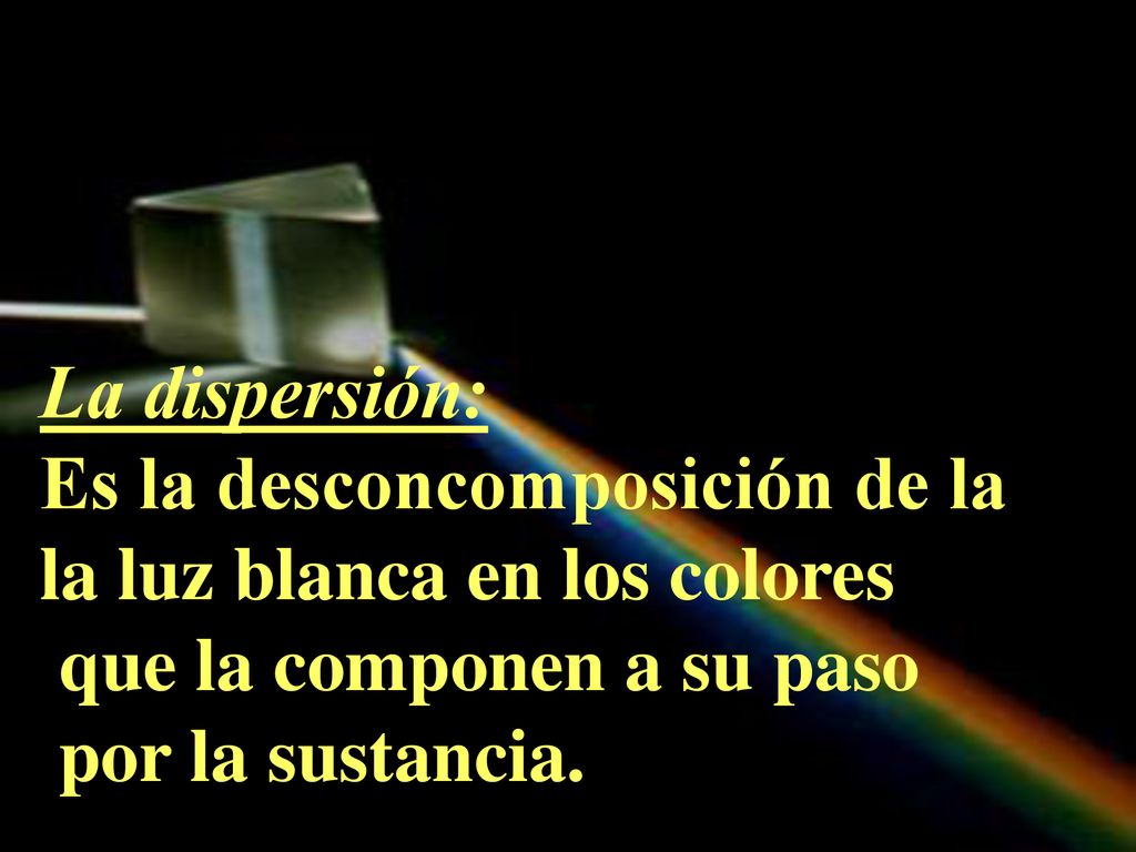 La dispersión: Es la desconcomposición de la. la luz blanca en los colores. que la componen a su paso.