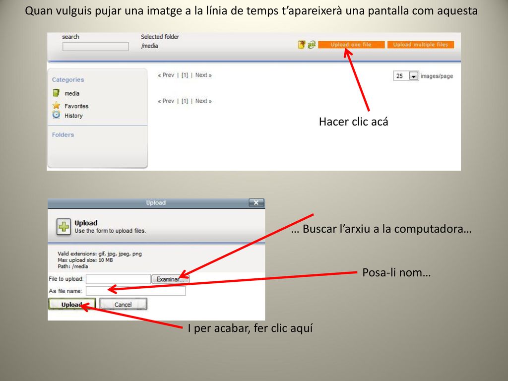 Quan vulguis pujar una imatge a la línia de temps t’apareixerà una pantalla com aquesta