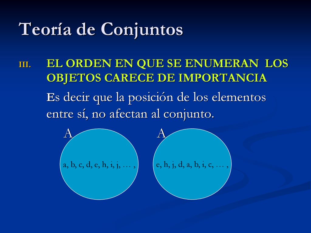 Teoría de Conjuntos EL ORDEN EN QUE SE ENUMERAN LOS OBJETOS CARECE DE IMPORTANCIA.