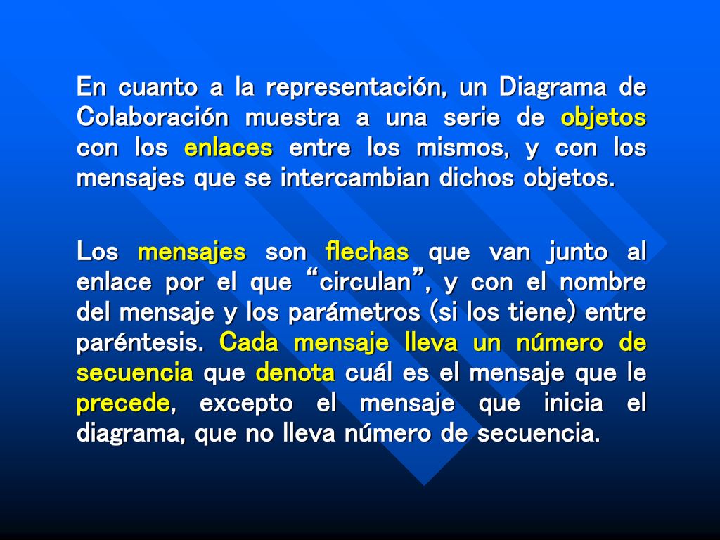 En cuanto a la representación, un Diagrama de Colaboración muestra a una serie de objetos con los enlaces entre los mismos, y con los mensajes que se intercambian dichos objetos.