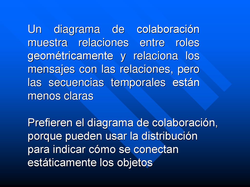 Un diagrama de colaboración muestra relaciones entre roles geométricamente y relaciona los mensajes con las relaciones, pero las secuencias temporales están menos claras