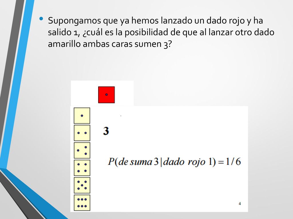 Supongamos que ya hemos lanzado un dado rojo y ha salido 1, ¿cuál es la posibilidad de que al lanzar otro dado amarillo ambas caras sumen 3